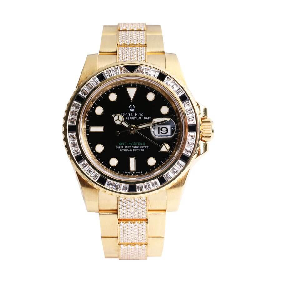 116748SANRyellowblackdial Rolex GMT-Master II 116748SANR Iced Out Gold - Image 1