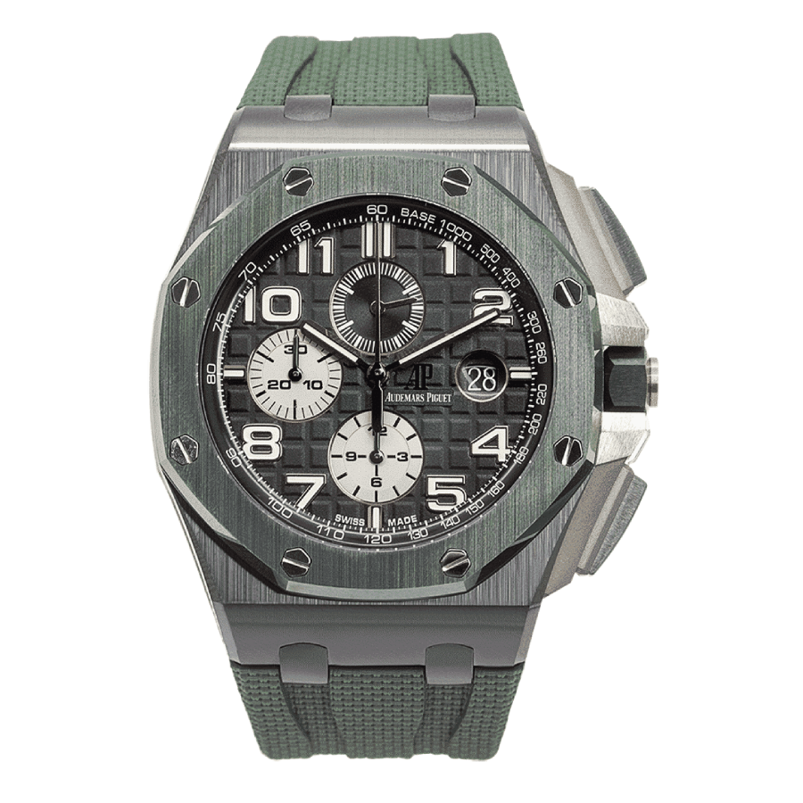 AP-Green-Dial-Ceramic-Replica Audemars Piguet Royal Oak Offshore 26400IO Titanium Ceramic Bezel Grey Dial Green Rubber Strap - Image 1