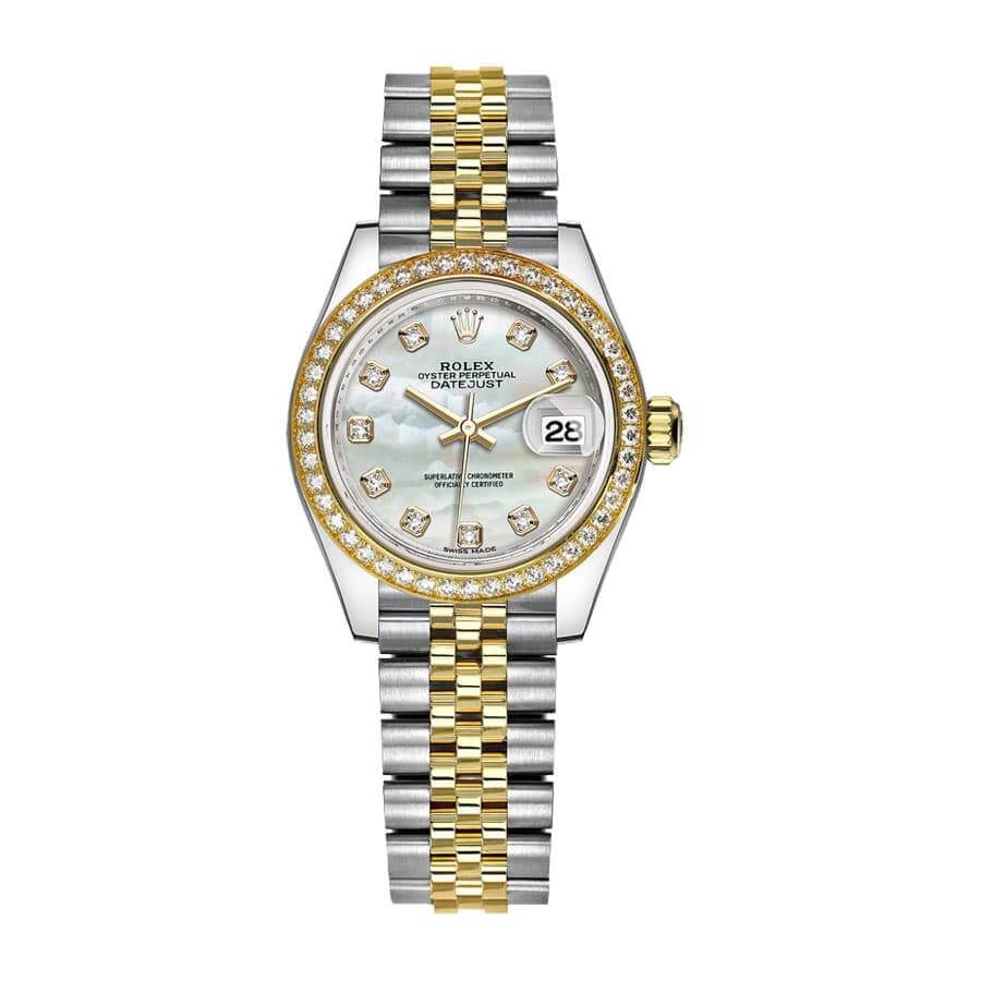 rolex-datejust-28mm-279383rbr-yellow-gold-steel-automatic-mother-pearl-diamond-dial Rolex Lady-Datejust 279383RBR Diamond Bezel - Image 1
